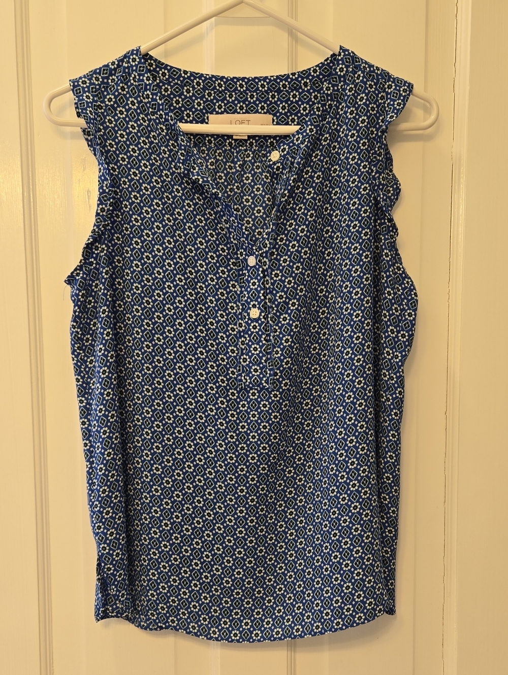 LOFT Blue Geometric Sleeveless Henley Blouse